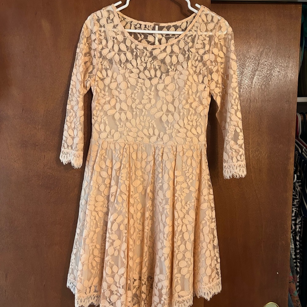 Free People Lace Peach Fit and Flare Dress with 3/4 Sleeves